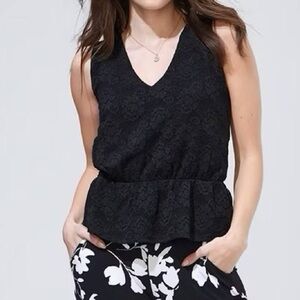 White House Black Market Black Lace V-Neck Sleeveless Peplum Top Size Medium
